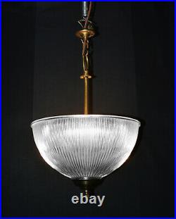 Edwardian brass industrial pendant light mid-century prismatic ribbed holophane