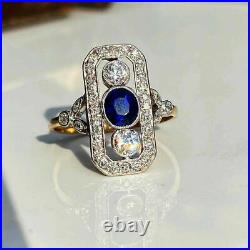 Elongated Art Deco Vintage Ring 2.7 Ct Simulated Sapphire 14K Yellow Gold Over