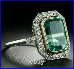Engagement Vintage Art Deco Grren Sapphire Ring 14K White Gold Over 2 Ct Diamond