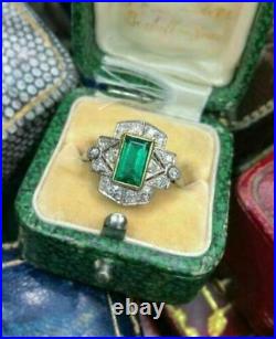 Engagement Wedding Ring Vintage Art Deco 2Ct Emerald Diamond 14K White Gold Over