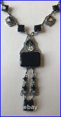 Fantastic Vintage Art Deco Black Rhinestone & Enamel Necklace