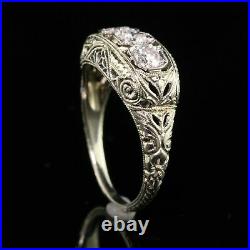 Filigree Vintage Art Deco Trilogy Ring 3.01 Ct Round Diamond 14K White Gold Over