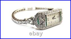 Fine Antique Art Deco Vintage 14k WG Emerald and Diamond Ladies Watch Bracelet