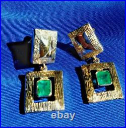 Genuine Emerald Deco design Earrings Unique Vintage Style Dangles 18k Gold