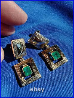 Genuine Emerald Deco design Earrings Unique Vintage Style Dangles 18k Gold