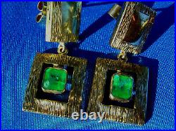 Genuine Emerald Deco design Earrings Unique Vintage Style Dangles 18k Gold