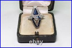 Gorgeous Vintage 925 Silver Art Deco Fancy Shape Cubic Zirconia & Sapphire Ring