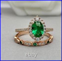 Lab Crated Emerald 2.75CT Cz Halo Art Deco Vintage Bridal Ring Set in 925 Silver