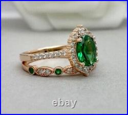 Lab Crated Emerald 2.75CT Cz Halo Art Deco Vintage Bridal Ring Set in 925 Silver