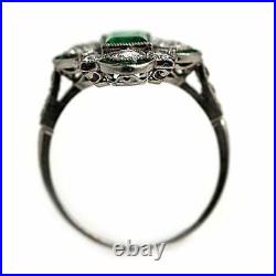 Lab-Created Intense Green Bezel Set Emerald & Old White CZ Art Deco Vintage Ring