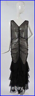 Late 1920s Ruched Sheer Black Silk Chiffon Dress W Ruffles