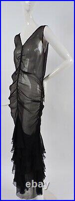 Late 1920s Ruched Sheer Black Silk Chiffon Dress W Ruffles