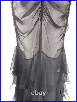 Late 1920s Ruched Sheer Black Silk Chiffon Dress W Ruffles