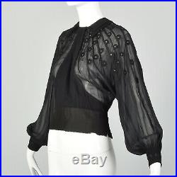 M 1930s Black Top Sheer Long Bishop Sleeve Blouse Floral Applique Shirt 30s VTG