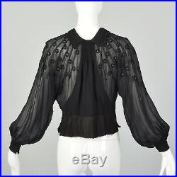 M 1930s Black Top Sheer Long Bishop Sleeve Blouse Floral Applique Shirt 30s VTG