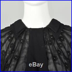 M 1930s Black Top Sheer Long Bishop Sleeve Blouse Floral Applique Shirt 30s VTG