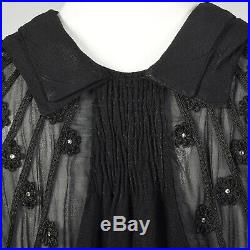 M 1930s Black Top Sheer Long Bishop Sleeve Blouse Floral Applique Shirt 30s VTG