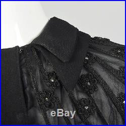 M 1930s Black Top Sheer Long Bishop Sleeve Blouse Floral Applique Shirt 30s VTG