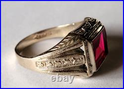 Men's GATSBY ERA EGYPTIAN REVIVAL ART DECO 1920s 10K WG 5CT RUBY ENGRAVED RING