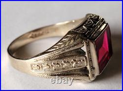 Men's GATSBY ERA EGYPTIAN REVIVAL ART DECO 1920s 10K WG 5CT RUBY ENGRAVED RING