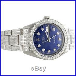 Mens Rolex 36mm DateJust Diamond Watch Fully Iced Band Custom Blue Dial 5.10 CT