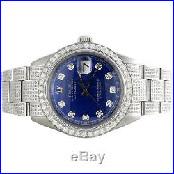 Mens Rolex 36mm DateJust Diamond Watch Fully Iced Band Custom Blue Dial 5.10 CT