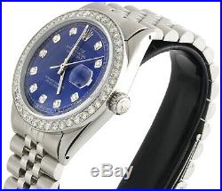 Mens Rolex 36mm DateJust Diamond Watch Jubilee Steel Band Custom Blue Dial 2 CT