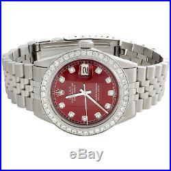 Mens Rolex 36mm DateJust Diamond Watch Jubilee Steel Band Custom Red Dial 2 CT