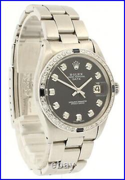 Mens Vintage ROLEX Oyster Perpetual Date 34mm Black Dial Diamond Stainless Watch