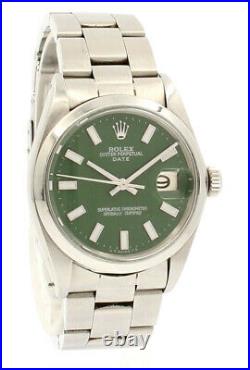 Mens Vintage ROLEX Oyster Perpetual Date 34mm GREEN Dial Stainless Steel Watch