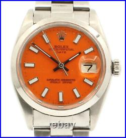 Mens Vintage ROLEX Oyster Perpetual Date 34mm ORANGE Dial Stainless Steel Watch