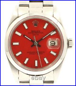 Mens Vintage ROLEX Oyster Perpetual Date 34mm RED Dial Stainless Steel Watch