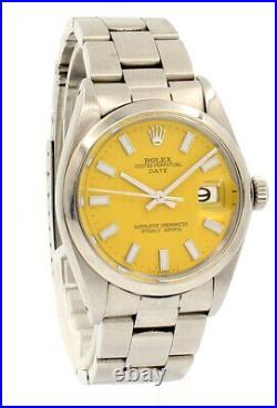 Mens Vintage ROLEX Oyster Perpetual Date 34mm YELLOW Dial Stainless Steel Watch