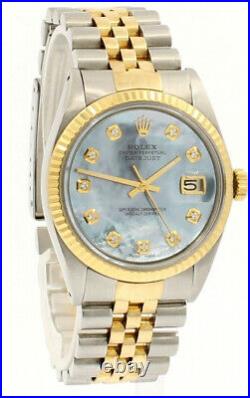 Mens Vintage ROLEX Oyster Perpetual Datejust 36mm Blue MOP DIAMOND Dial Watch