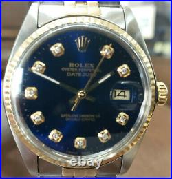 Mens Vintage ROLEX Oyster Perpetual Datejust 36mm Gold DIAMOND Blue Dial Watch