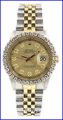 Mens Vintage ROLEX Oyster Perpetual Datejust 36mm Gold Dial DIAMOND Bezel Watch