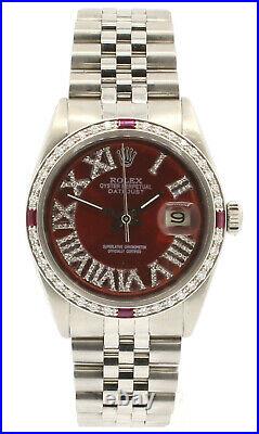 Mens Vintage ROLEX Oyster Perpetual Datejust 36mm RED Roman Dial Diamond Watch