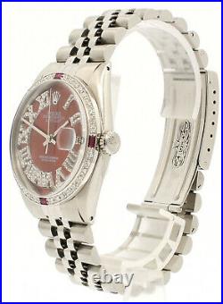 Mens Vintage ROLEX Oyster Perpetual Datejust 36mm RED Roman Dial Diamond Watch