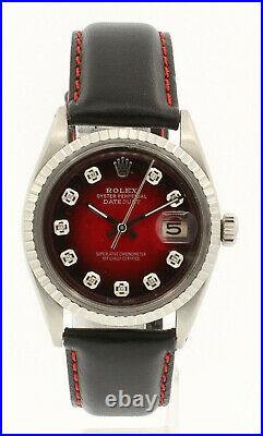 Mens Vintage ROLEX Oyster Perpetual Datejust 36mm Red Vignette Diamond Watch