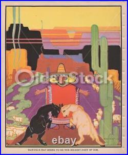 Mexican Boy Western Americana Landscape Scene Vintage Art Deco Graphic Illustrat