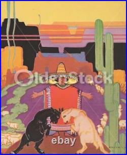 Mexican Boy Western Americana Landscape Scene Vintage Art Deco Graphic Illustrat