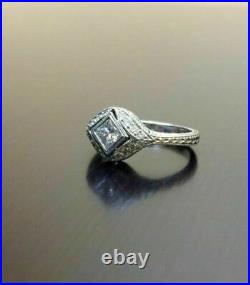 Milgrain Edging Art Deco Vintage Engraved Ring 1.5Ct Diamond 14K White Gold Over