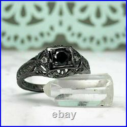 Milgrain Edging Art Deco Vintage Wedding Ring 1.6 Ct Diamond 14K Black Gold Over