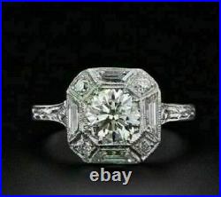 Milgrain Edging Vintage Art Deco Octagon Ring 14K White Gold Over 1.40CT Diamond