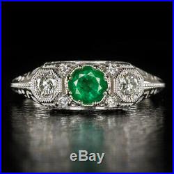 Natural Emerald Diamond Art Deco Ring Vintage 3 Stone White Gold Green Cocktail