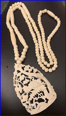 Old Vintage Art Deco Chinese Carved Bovine Bone Beads Long Necklace 28