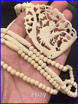 Old Vintage Art Deco Chinese Carved Bovine Bone Beads Long Necklace 28