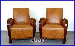 Pair Art Deco Leather Armchairs. Club Cocktail Chairs. Antique Vintage Halabala