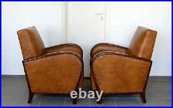 Pair Art Deco Leather Armchairs. Club Cocktail Chairs. Antique Vintage Halabala