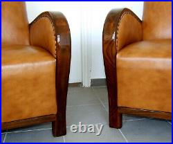 Pair Art Deco Leather Armchairs. Club Cocktail Chairs. Antique Vintage Halabala